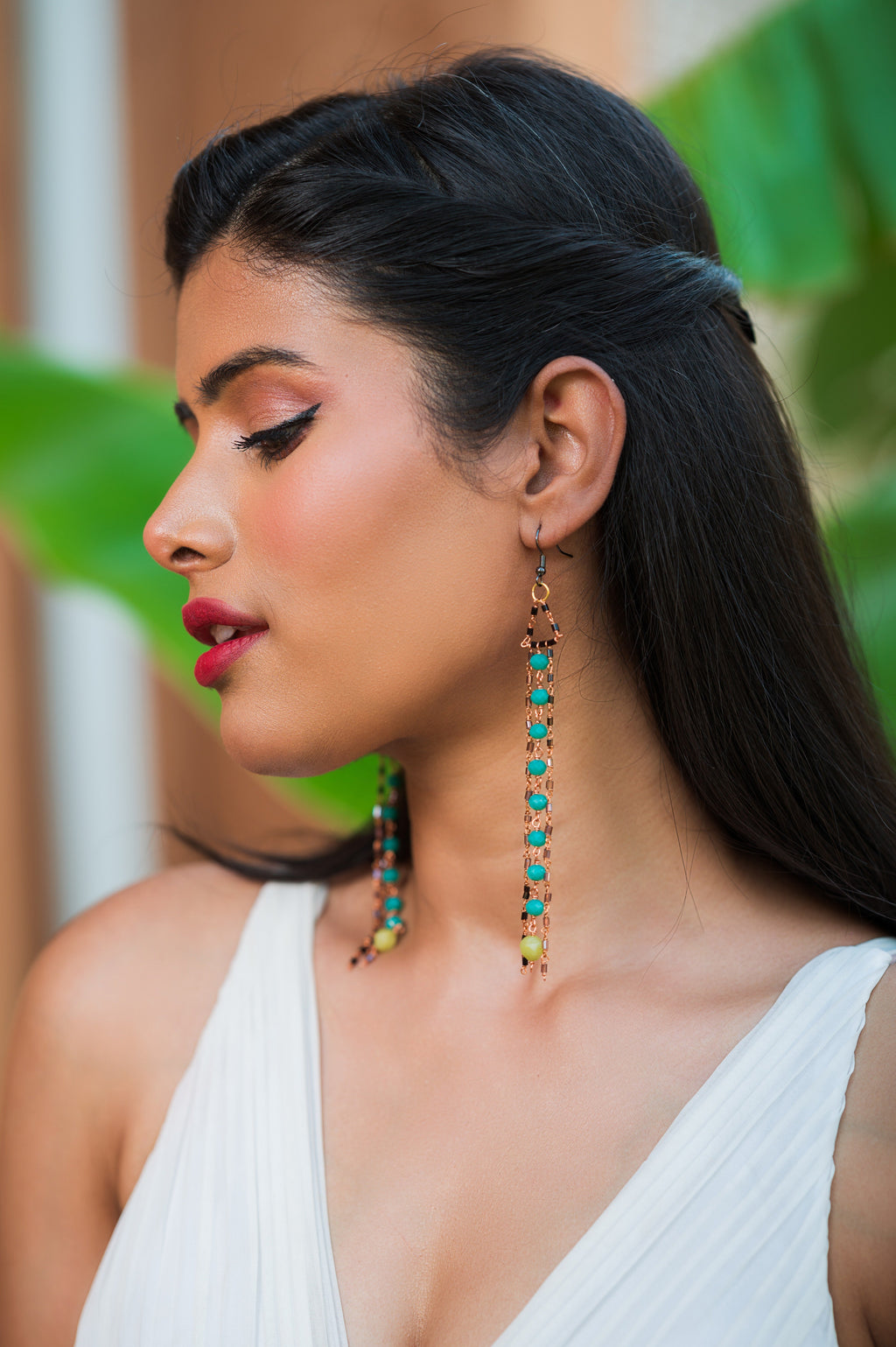 Blue Glass Beads Curtain Earrings