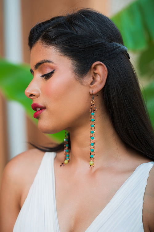 Blue Glass Beads Curtain Earrings