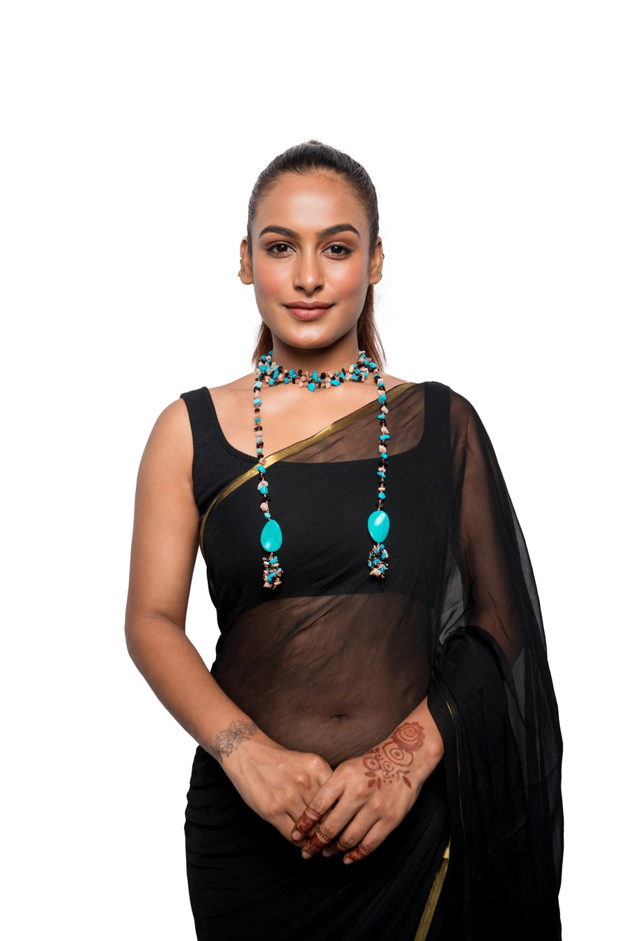 Black Beads Turquoise Opal Chips Mixed Single String Necklace