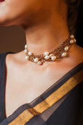 Multi-Layer Golden Bead Choker with Natural Pearls