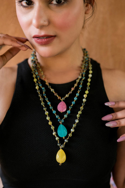 Blue Jade Coco Jasper Serpentine Three Layered Necklace