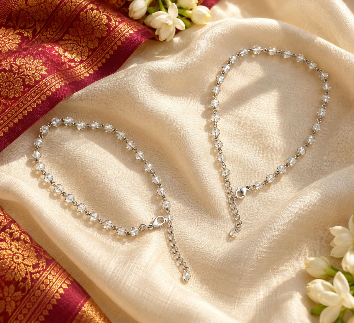 Ruby Red & White clear crystal anklet pair