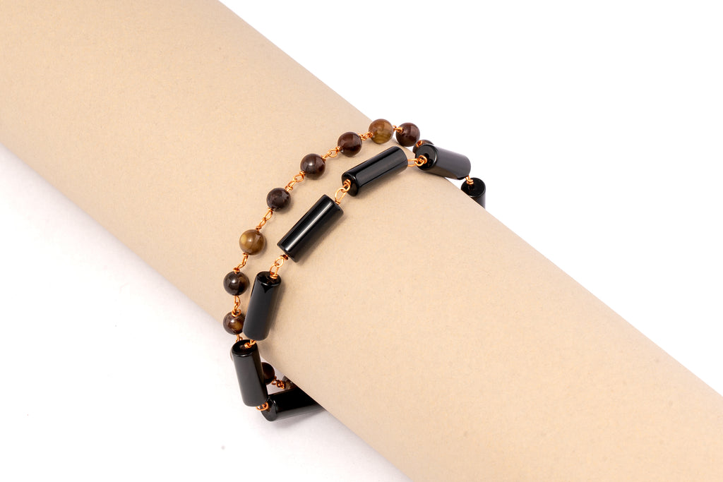 Tiger Eye and Cylindrical Black Bead Bracelet