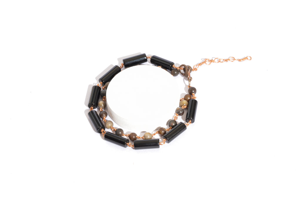 Tiger Eye and Cylindrical Black Bead Bracelet