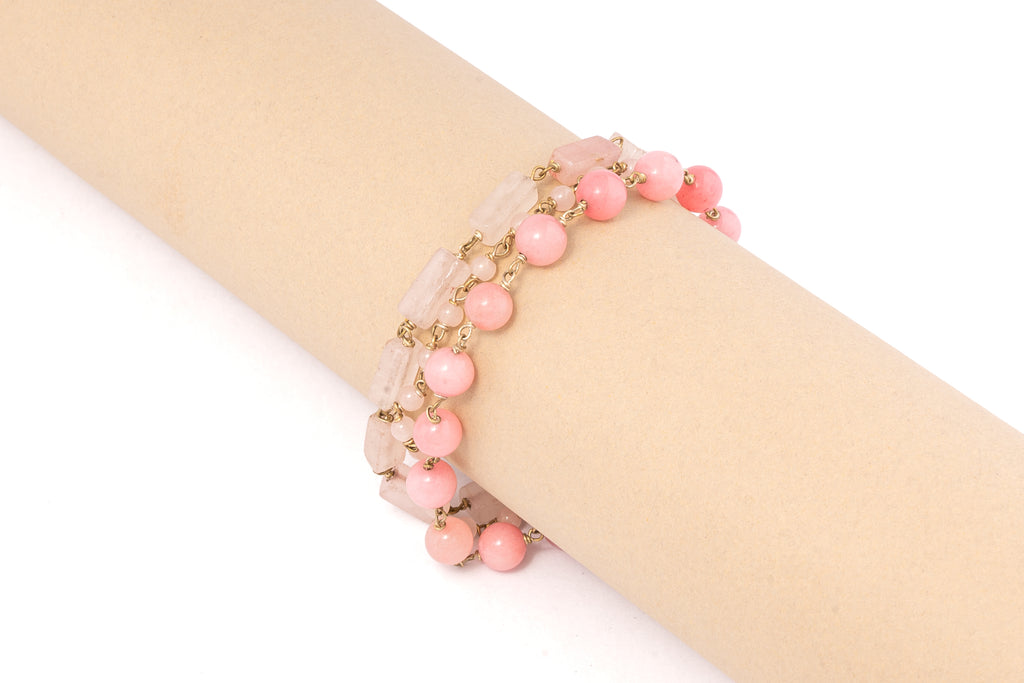 Rose Quartz Multi-Bead Bracelet Set (Cylindrical, 8mm & 4mm Beads)