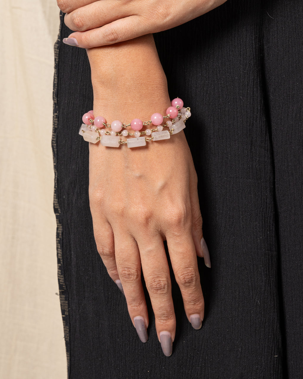 Rose Quartz Multi-Bead Bracelet Set (Cylindrical, 8mm & 4mm Beads)