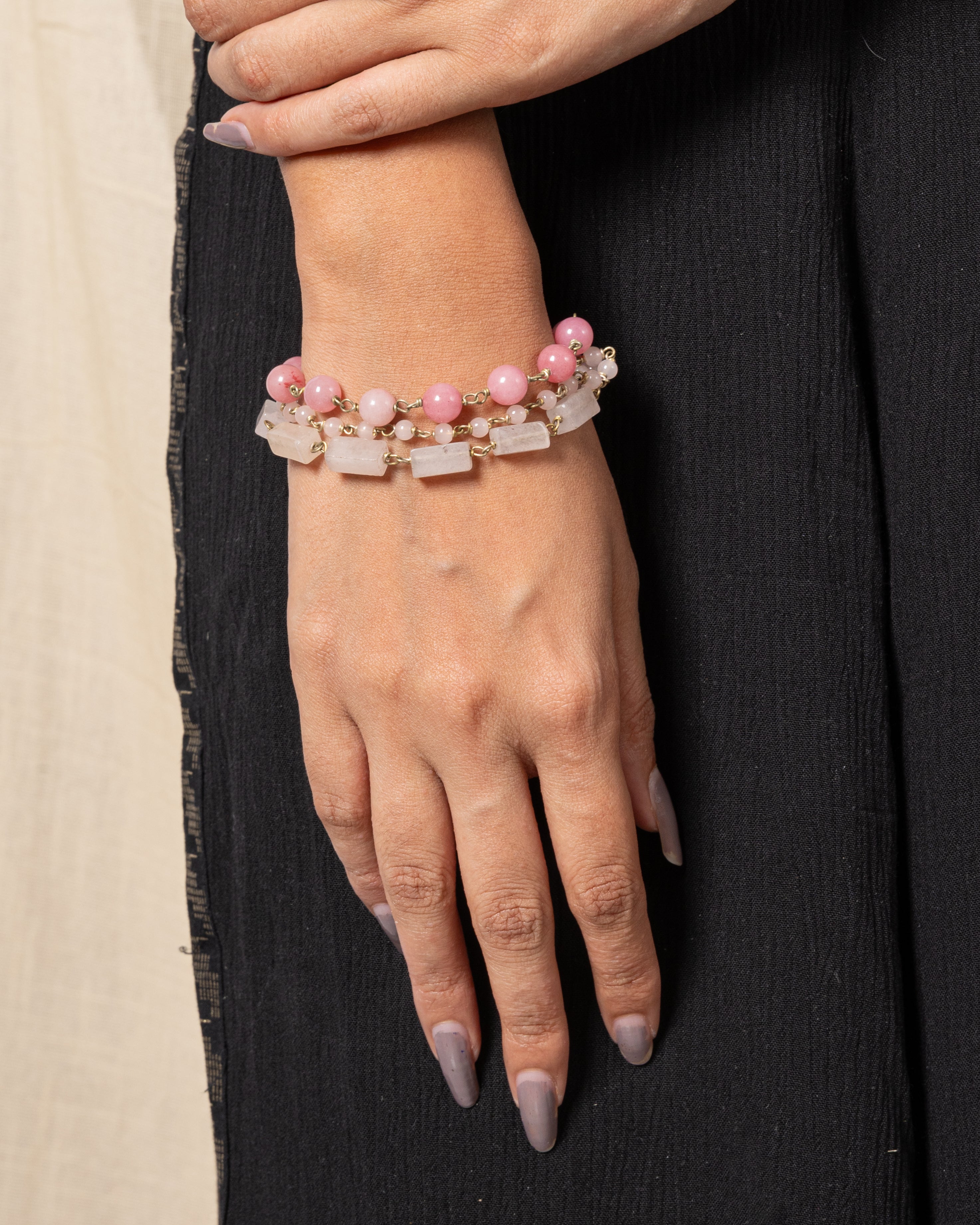 Rose Quartz Multi-Bead Bracelet Set (Cylindrical, 8mm & 4mm Beads)