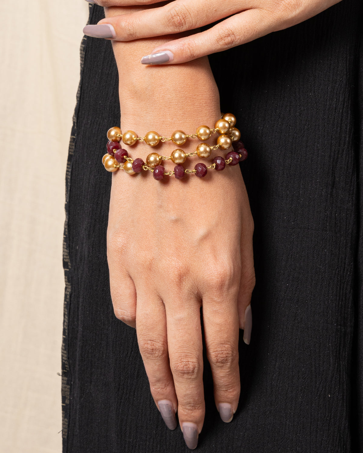 Swarovski Golden Pearl and Wine Baati Beads Handcrafted Bracelet