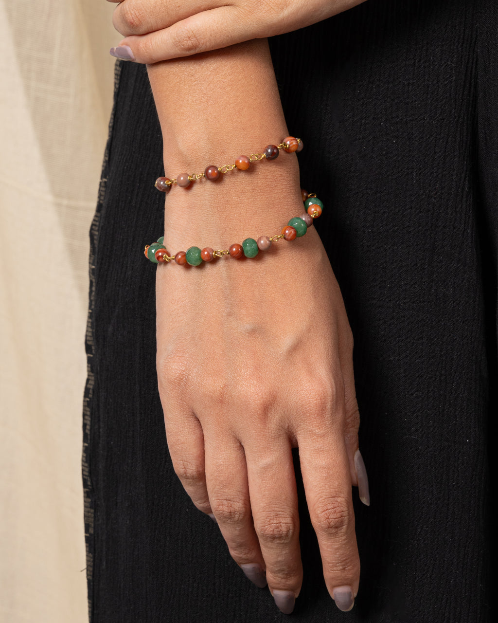 Red Fire Agate and Green Baati Bead Bracelet