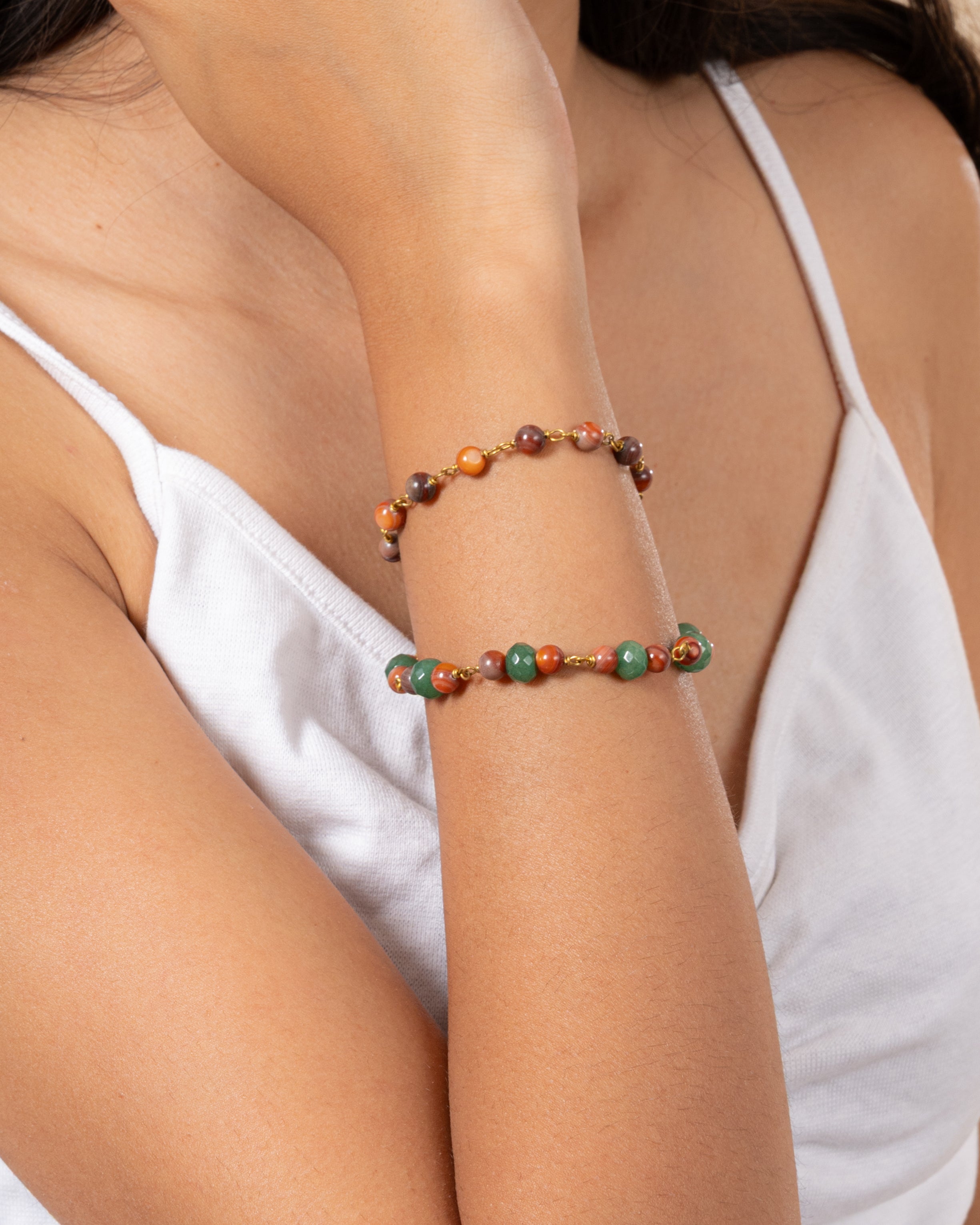 Red Fire Agate and Green Baati Bead Bracelet