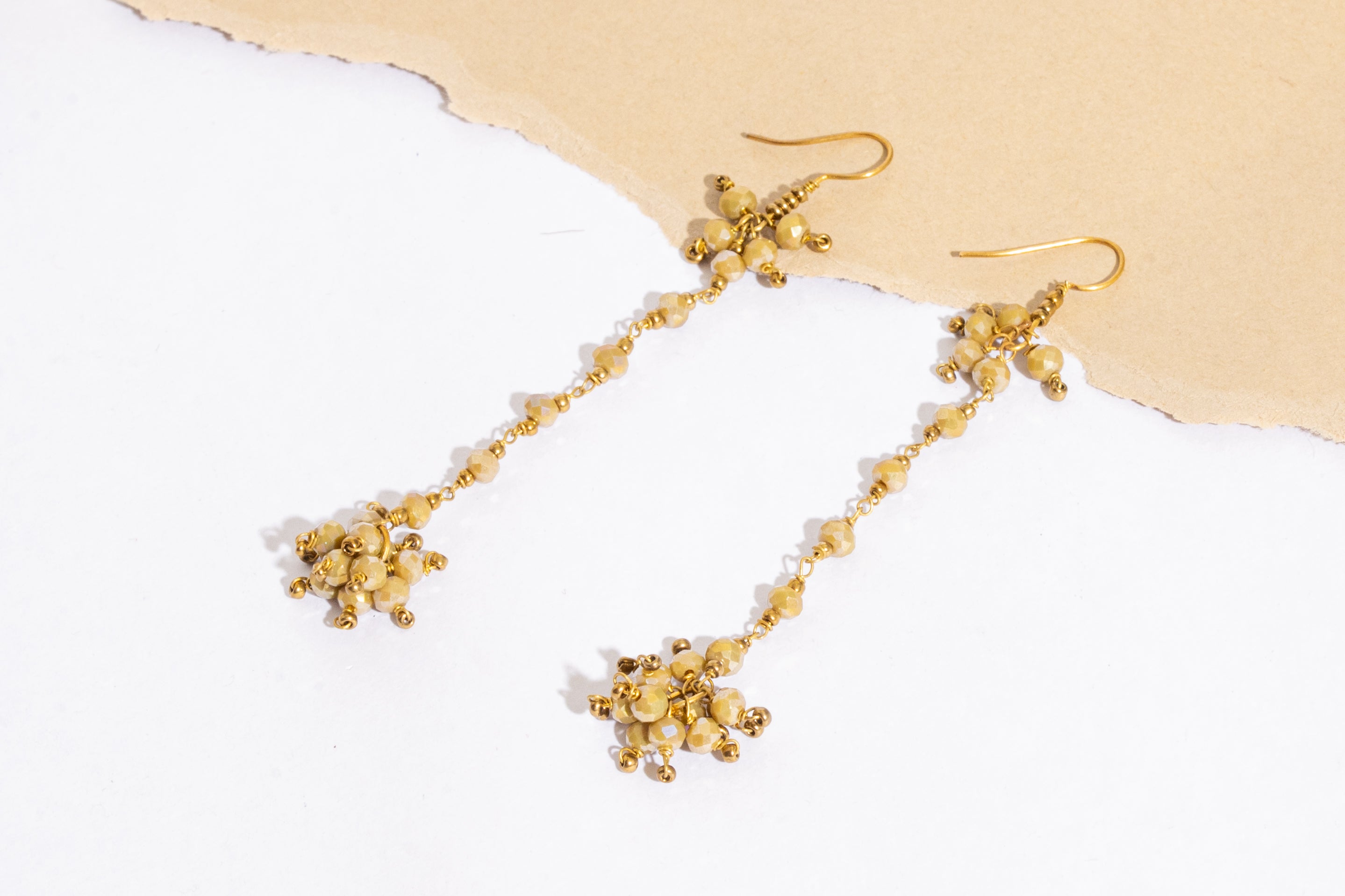 Mustard Yellow Glass Bead Long Drop Earrings