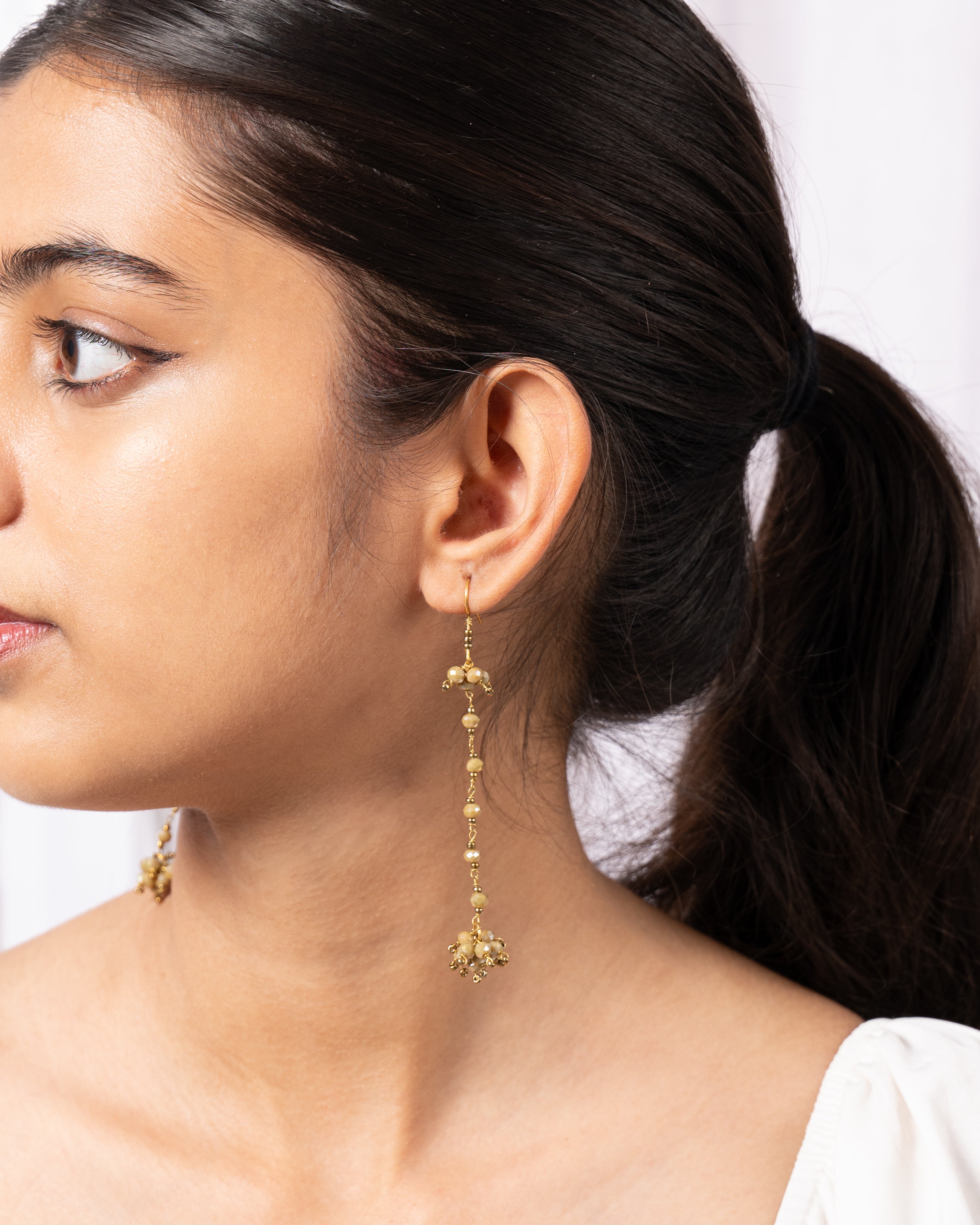 Mustard Yellow Glass Bead Long Drop Earrings