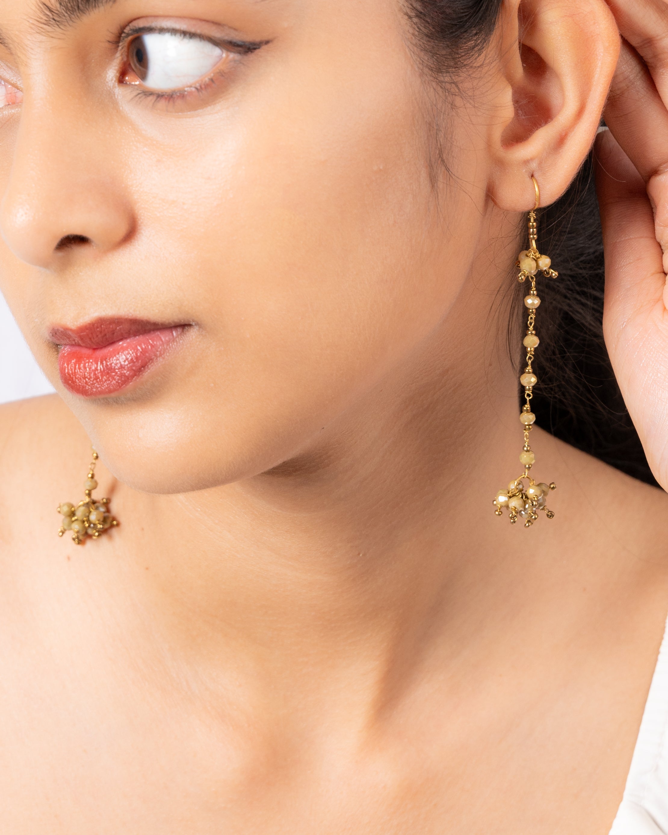 Mustard Yellow Glass Bead Long Drop Earrings