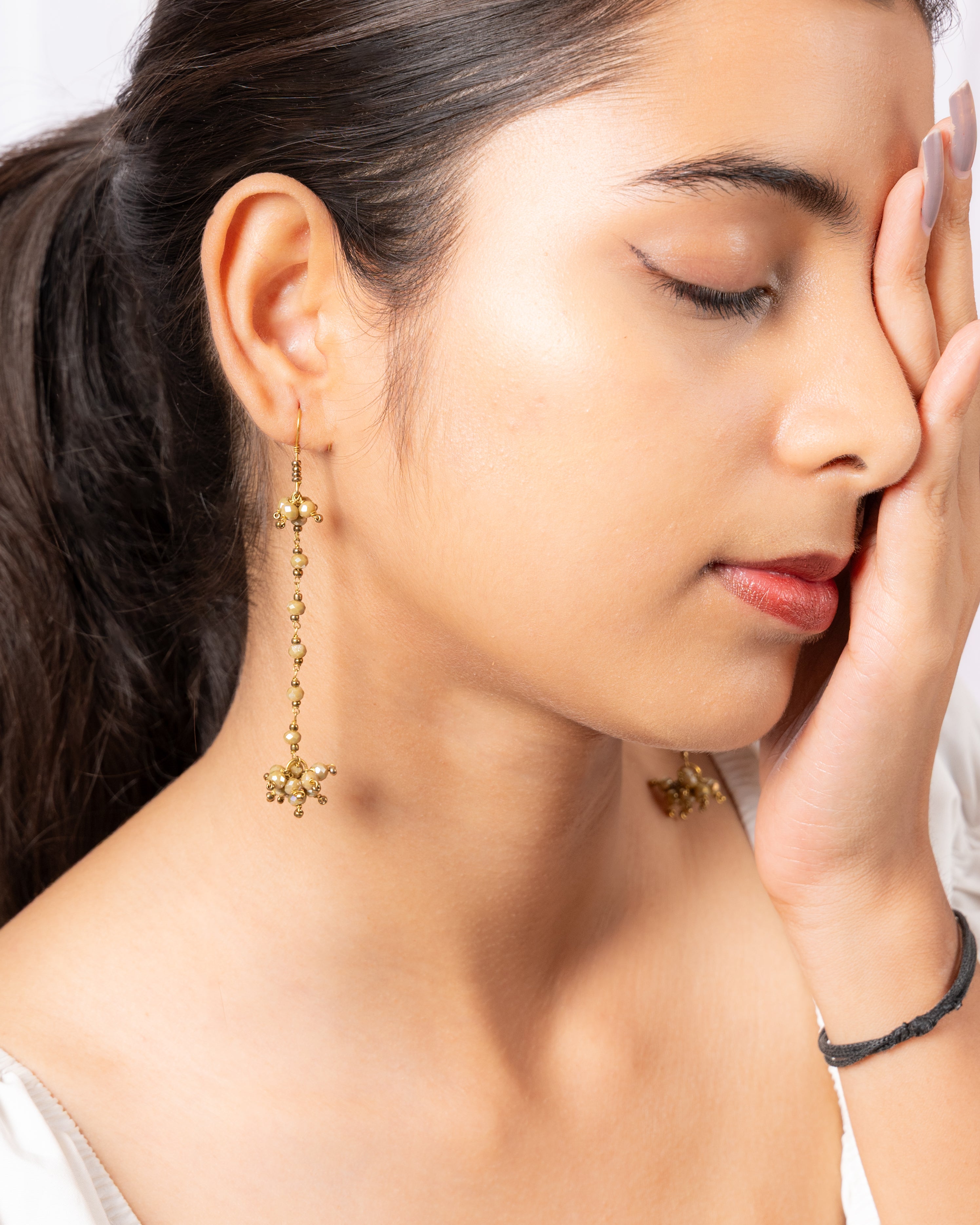 Mustard Yellow Glass Bead Long Drop Earrings
