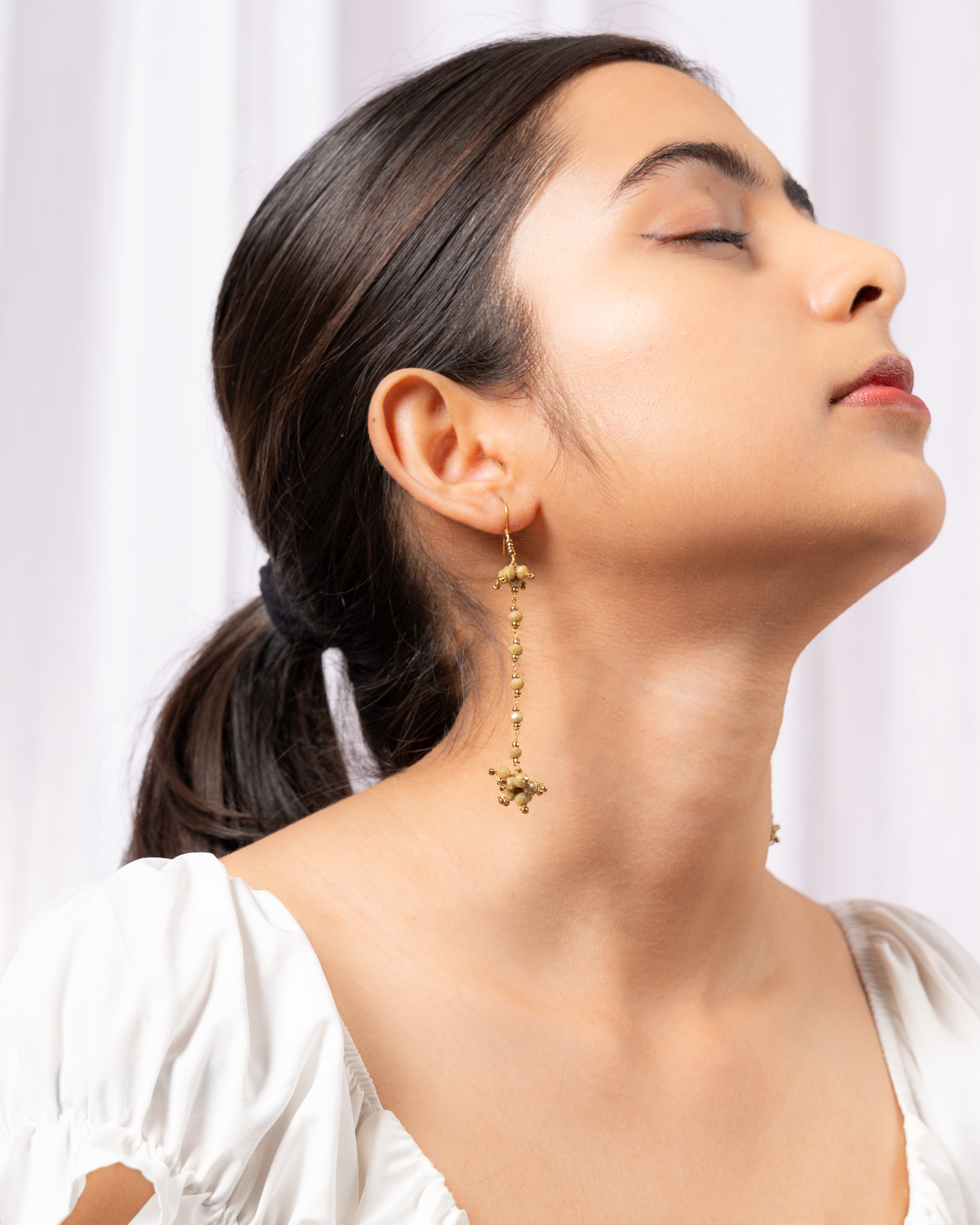 Mustard Yellow Glass Bead Long Drop Earrings