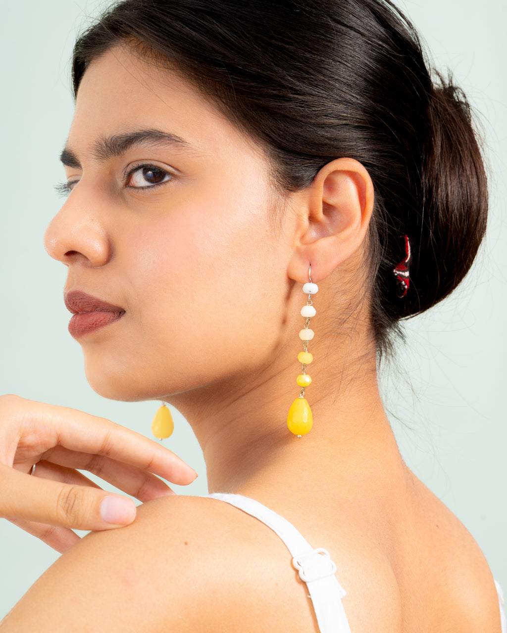 Bright Yellow & White Baati Beaded Drop Earrings