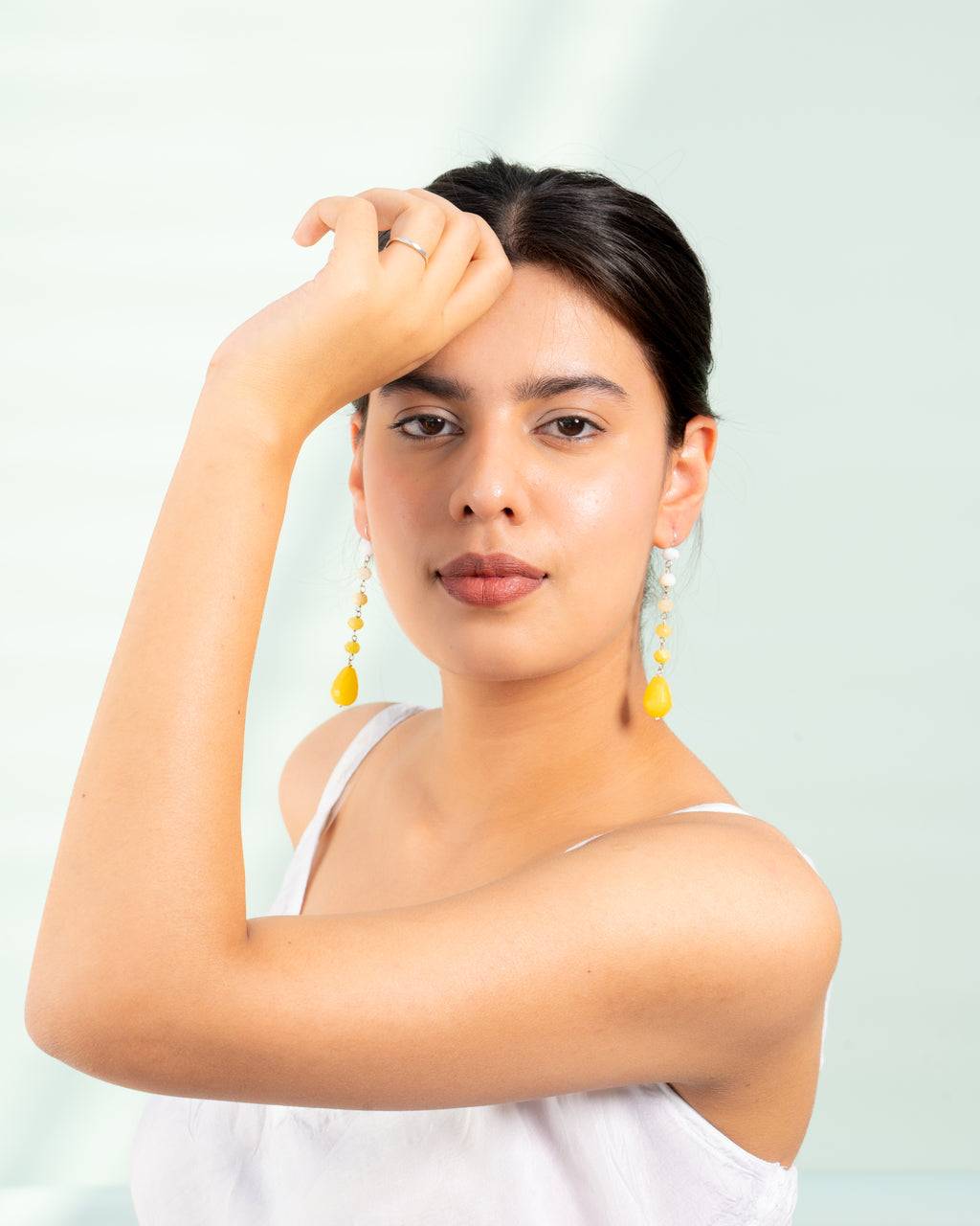 Bright Yellow & White Baati Beaded Drop Earrings