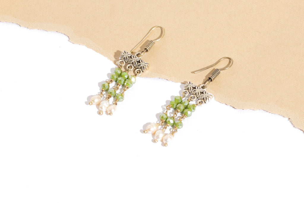 Olive Green Glass Bead & Pearl Drop Earrings