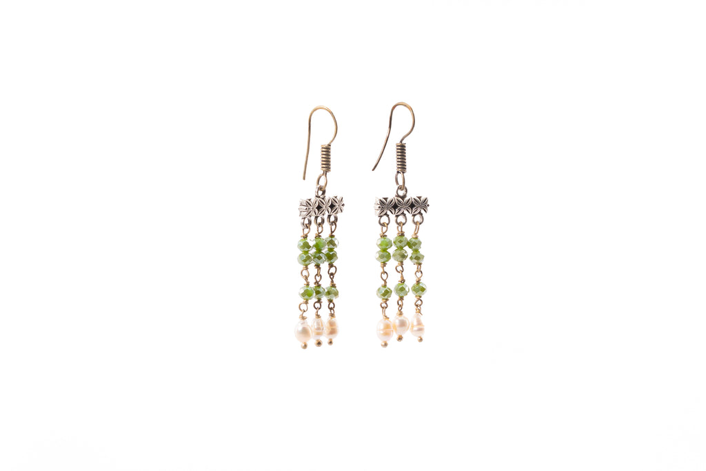 Olive Green Glass Bead & Pearl Drop Earrings