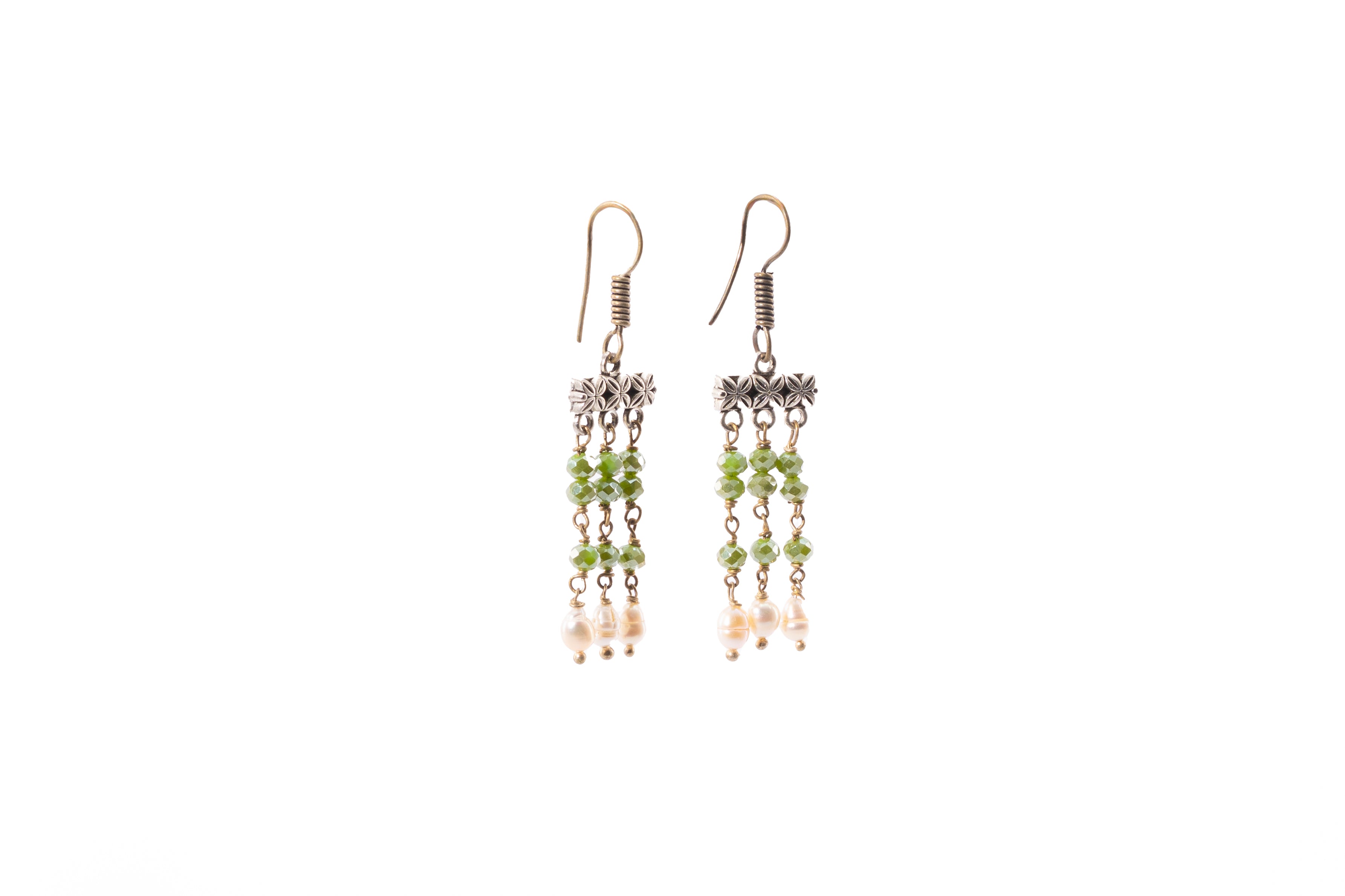 Olive Green Glass Bead & Pearl Drop Earrings