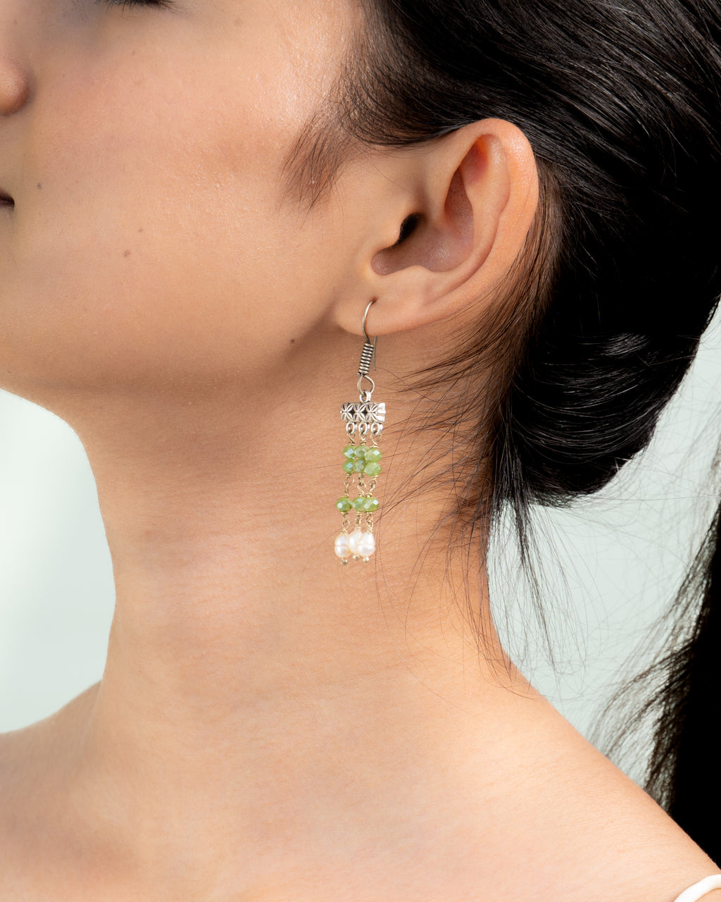 Olive Green Glass Bead & Pearl Drop Earrings