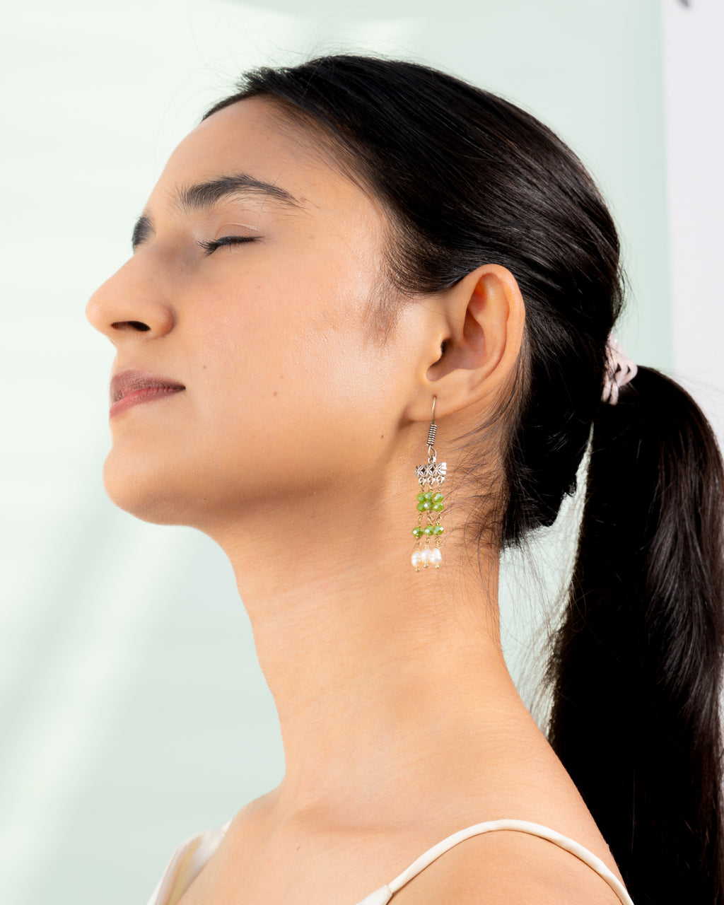 Olive Green Glass Bead & Pearl Drop Earrings