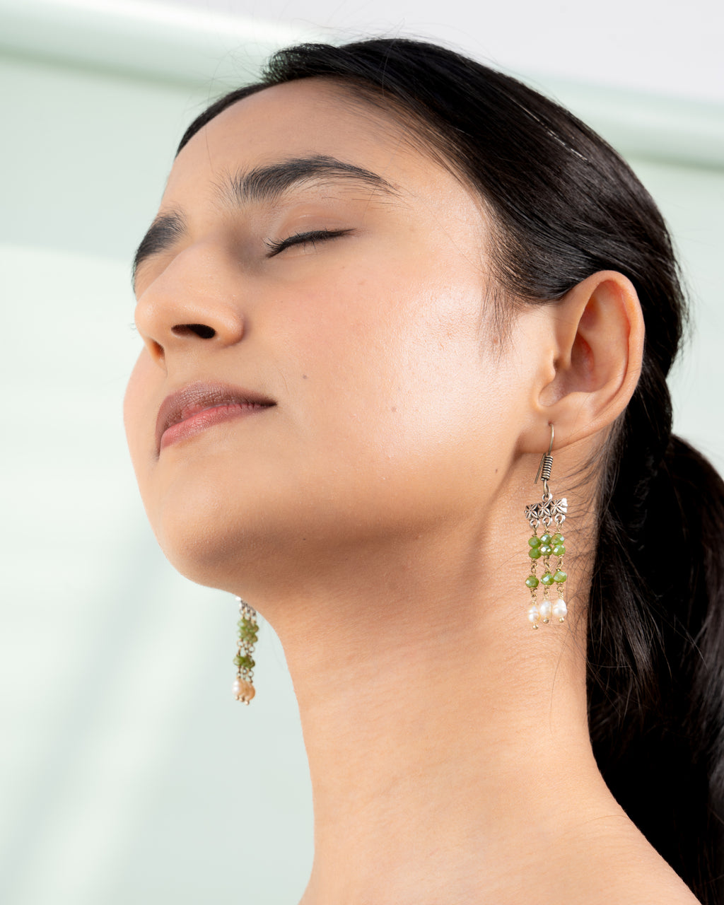 Olive Green Glass Bead & Pearl Drop Earrings