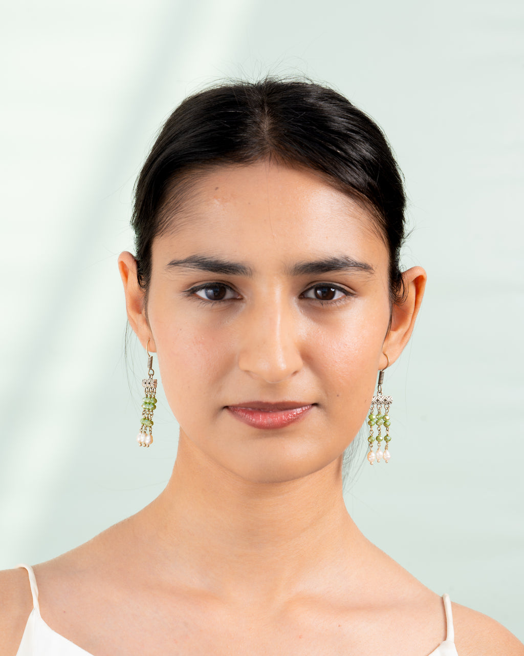 Olive Green Glass Bead & Pearl Drop Earrings