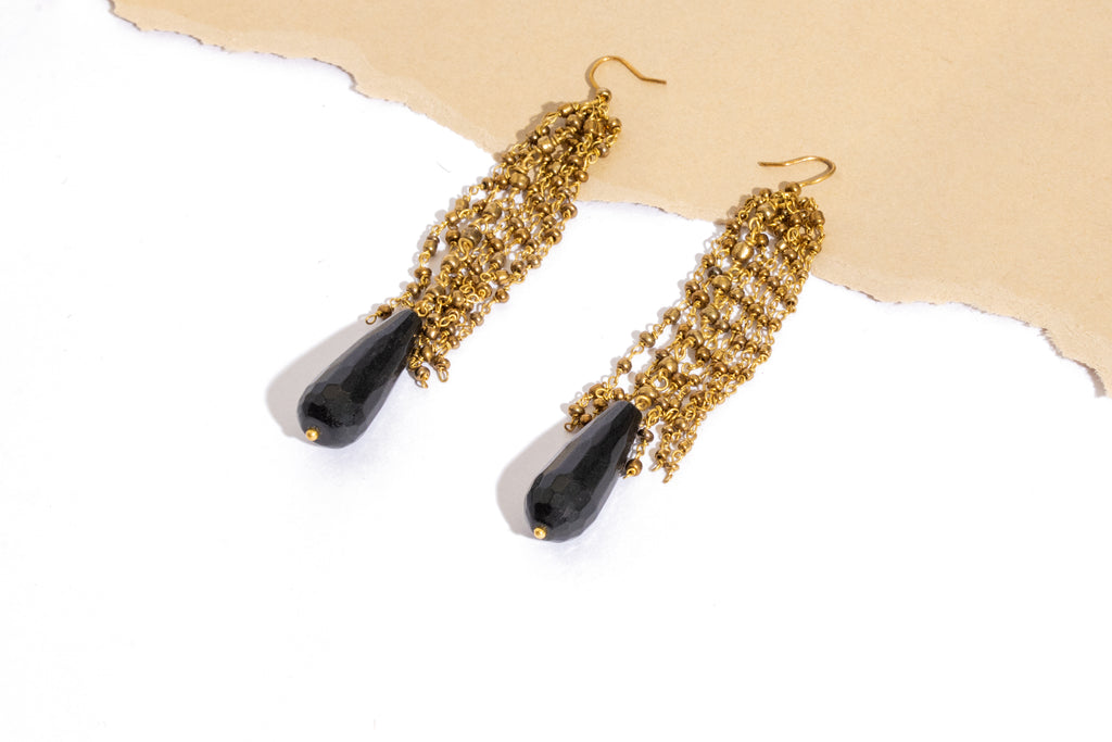 Black Teardrop & Gold Bead Cascade Earrings
