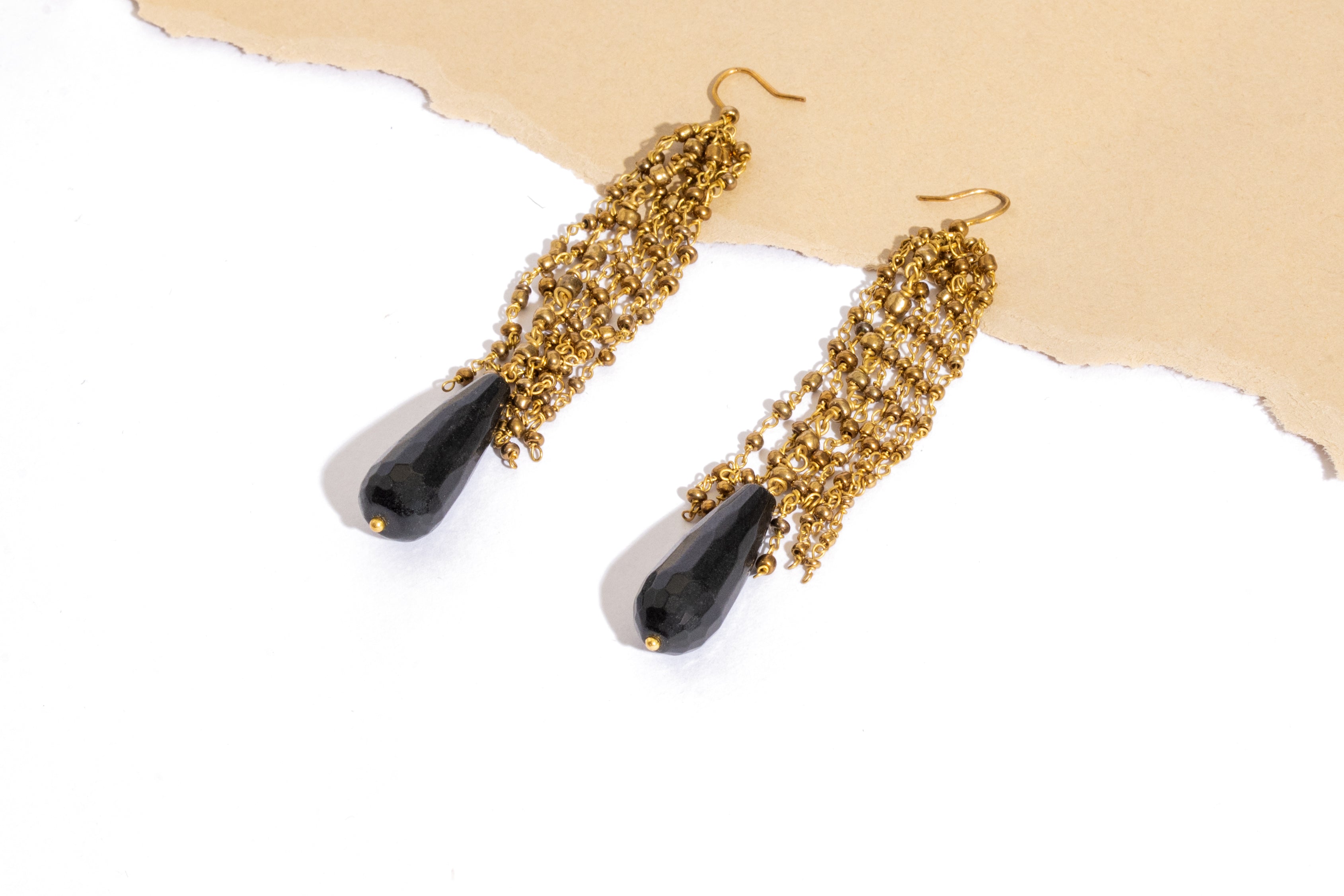 Black Teardrop & Gold Bead Cascade Earrings