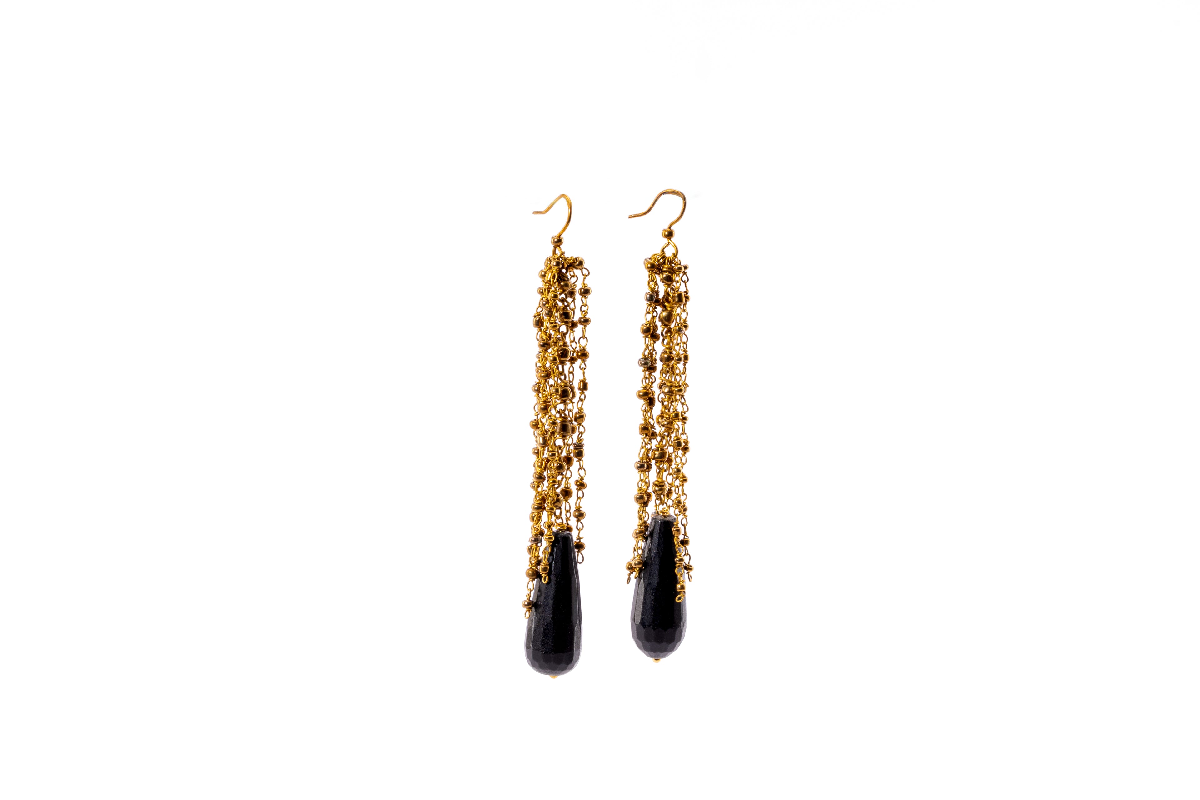 Black Teardrop & Gold Bead Cascade Earrings