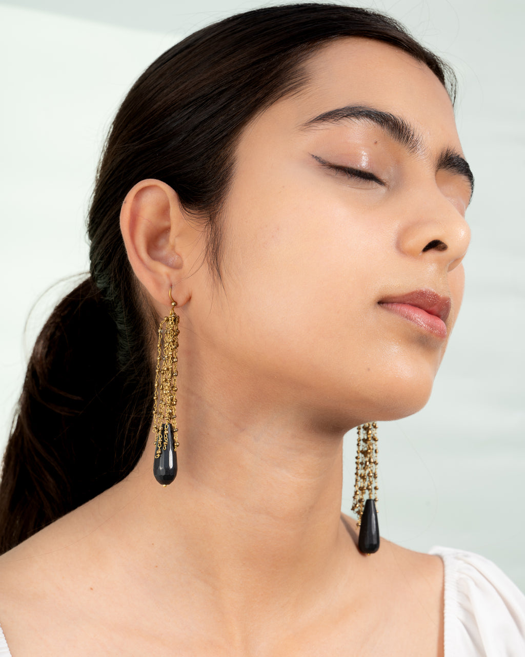 Black Teardrop & Gold Bead Cascade Earrings
