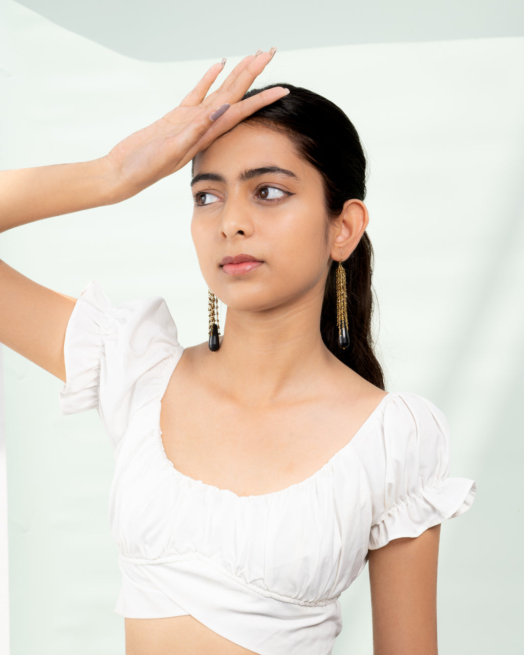 Black Teardrop & Gold Bead Cascade Earrings