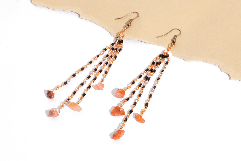 Black Glass Bead & Carnelian Drop Earrings