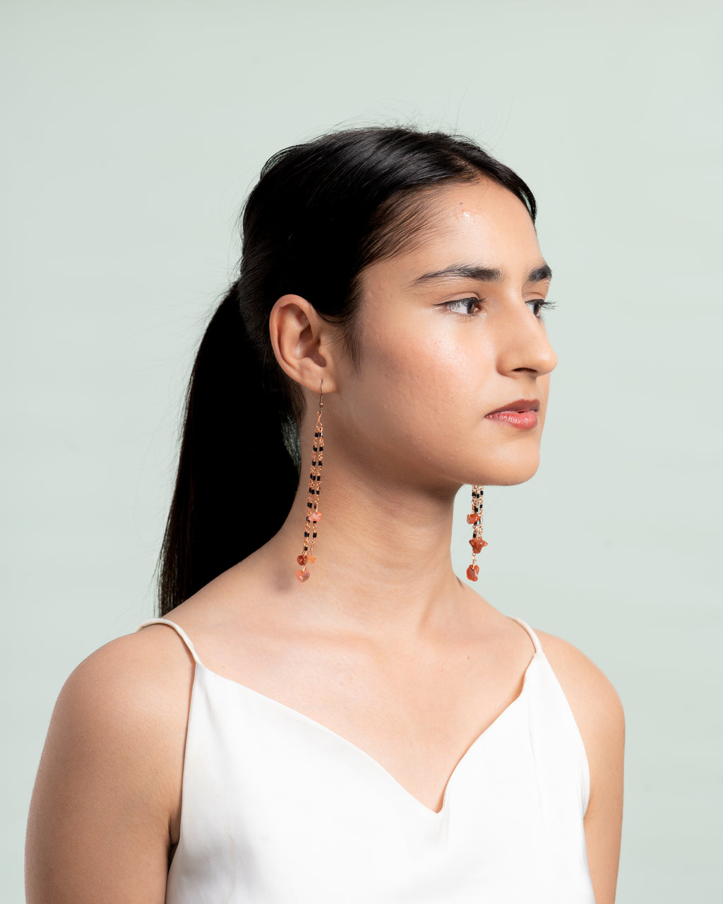 Black Glass Bead & Carnelian Drop Earrings