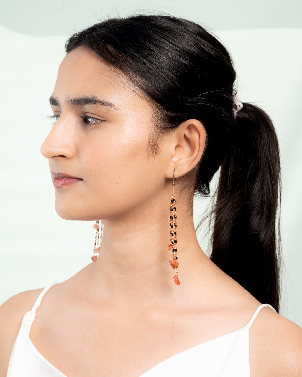 Black Glass Bead & Carnelian Drop Earrings