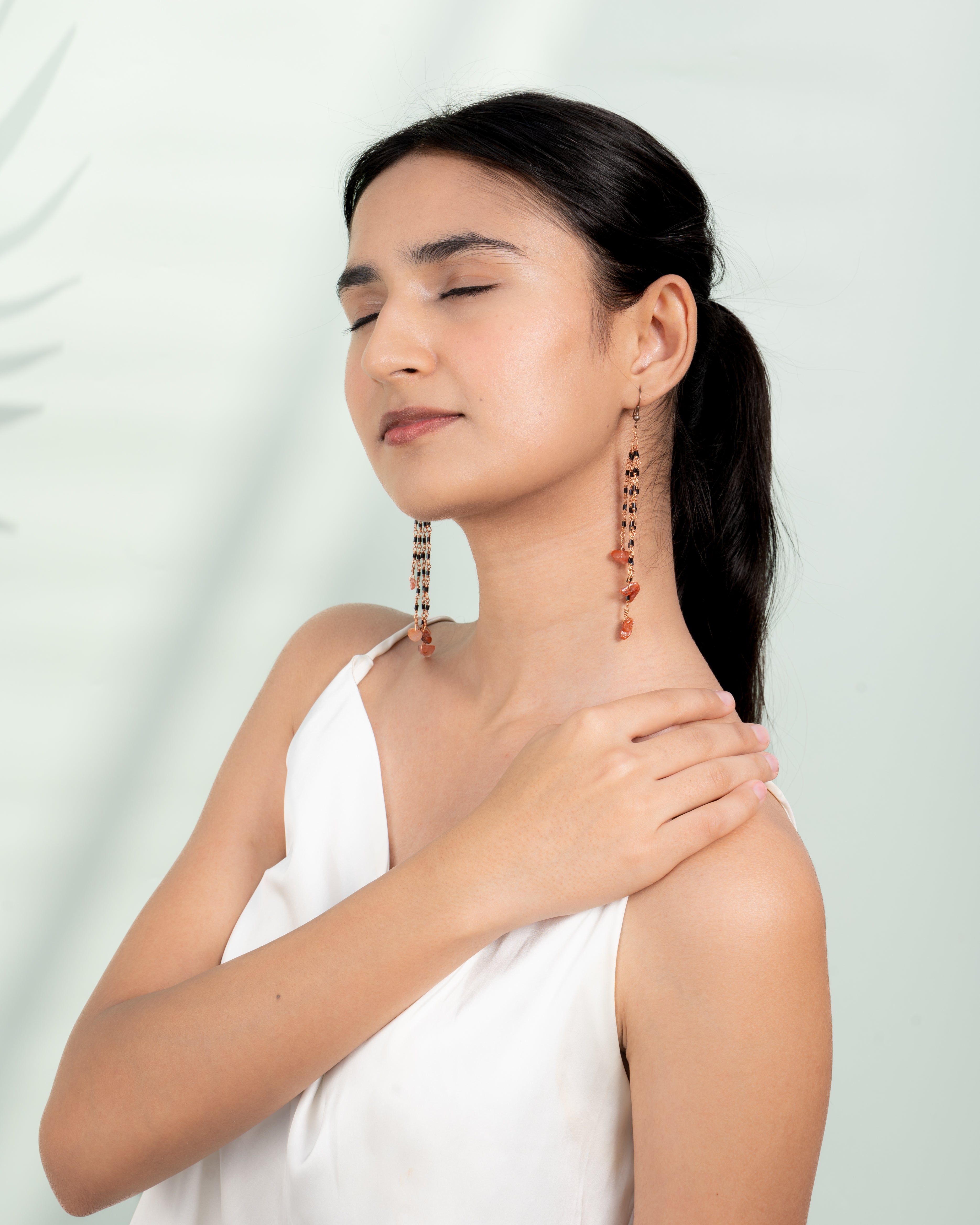 Black Glass Bead & Carnelian Drop Earrings