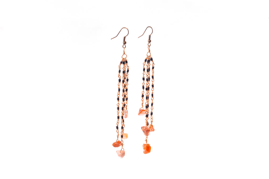 Black Glass Bead & Carnelian Drop Earrings