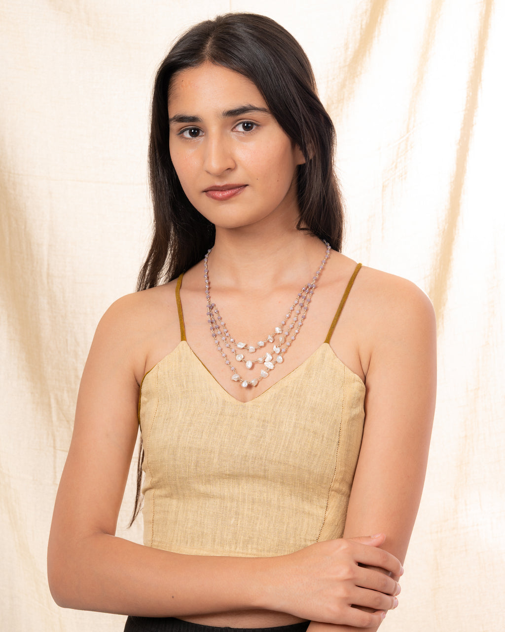 Triple-Layer Natural Uncut Pearl and Baati Bead Necklace