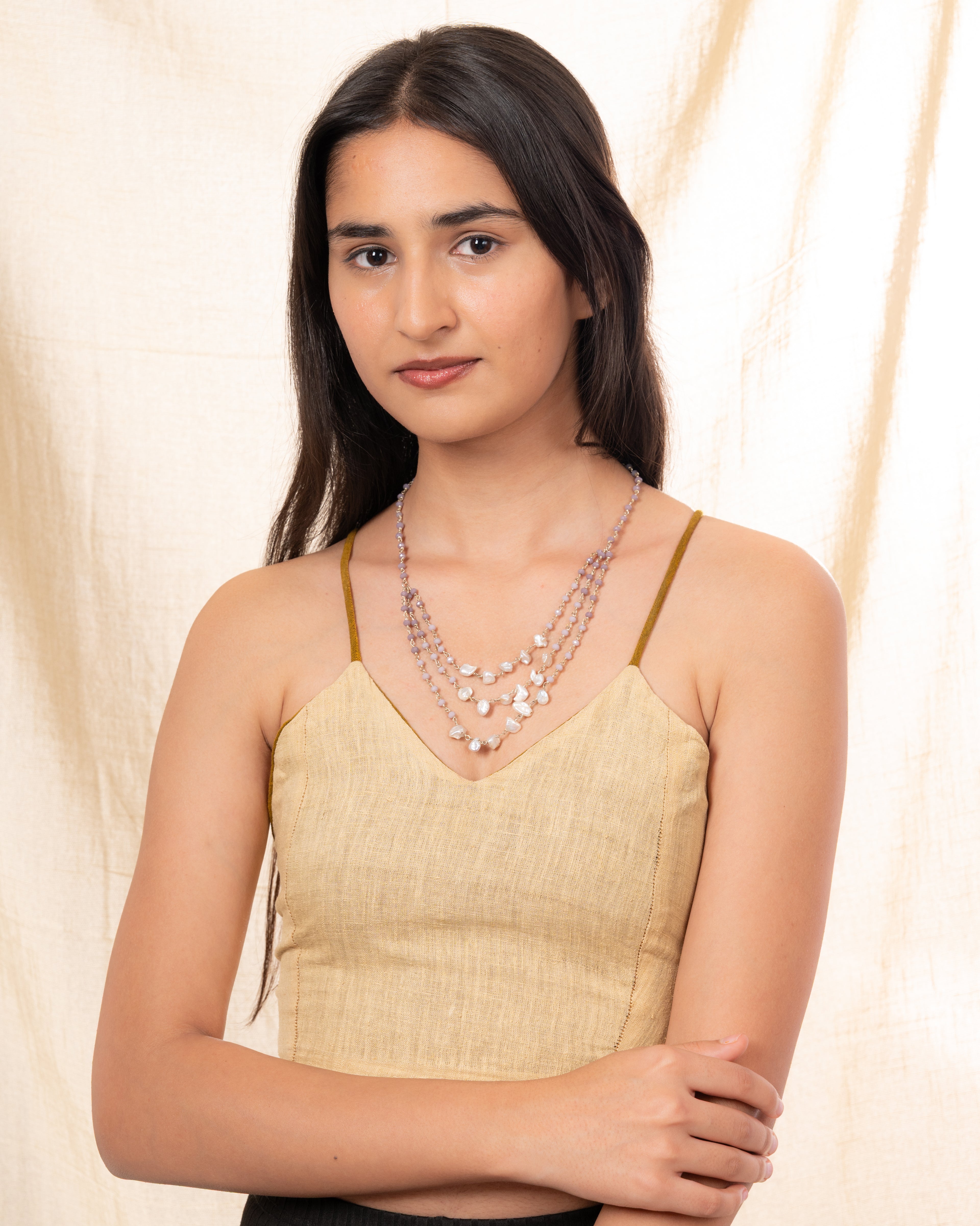 Triple-Layer Natural Uncut Pearl and Baati Bead Necklace