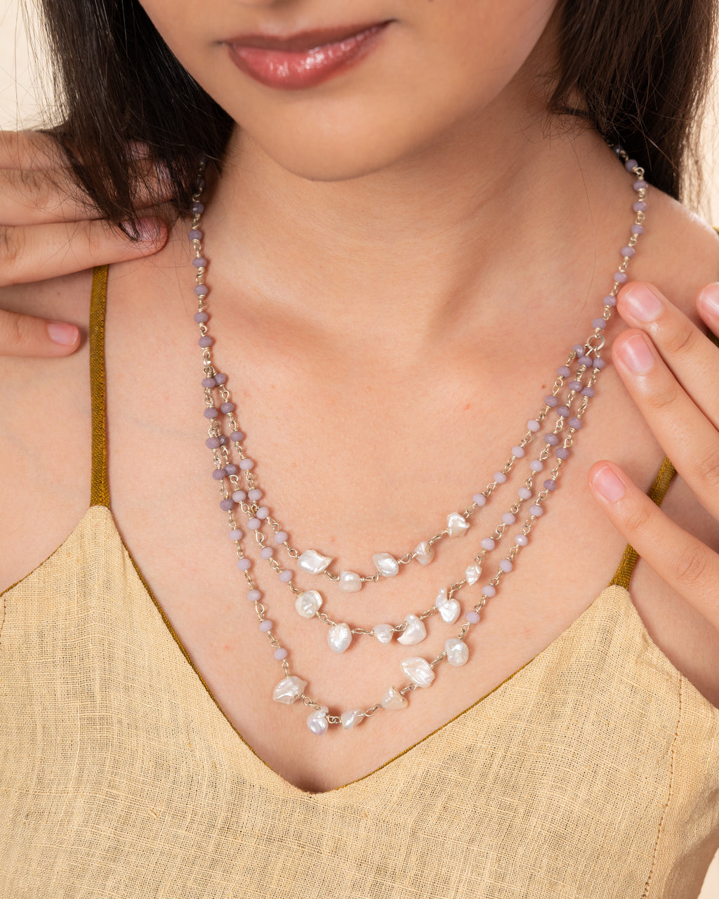 Triple-Layer Natural Uncut Pearl and Baati Bead Necklace