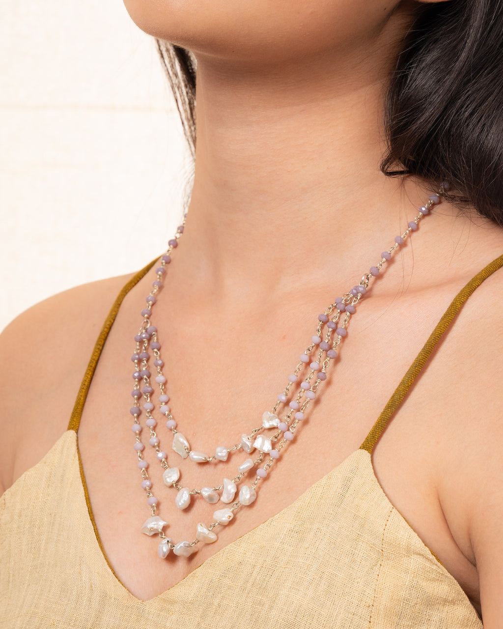 Triple-Layer Natural Uncut Pearl and Baati Bead Necklace