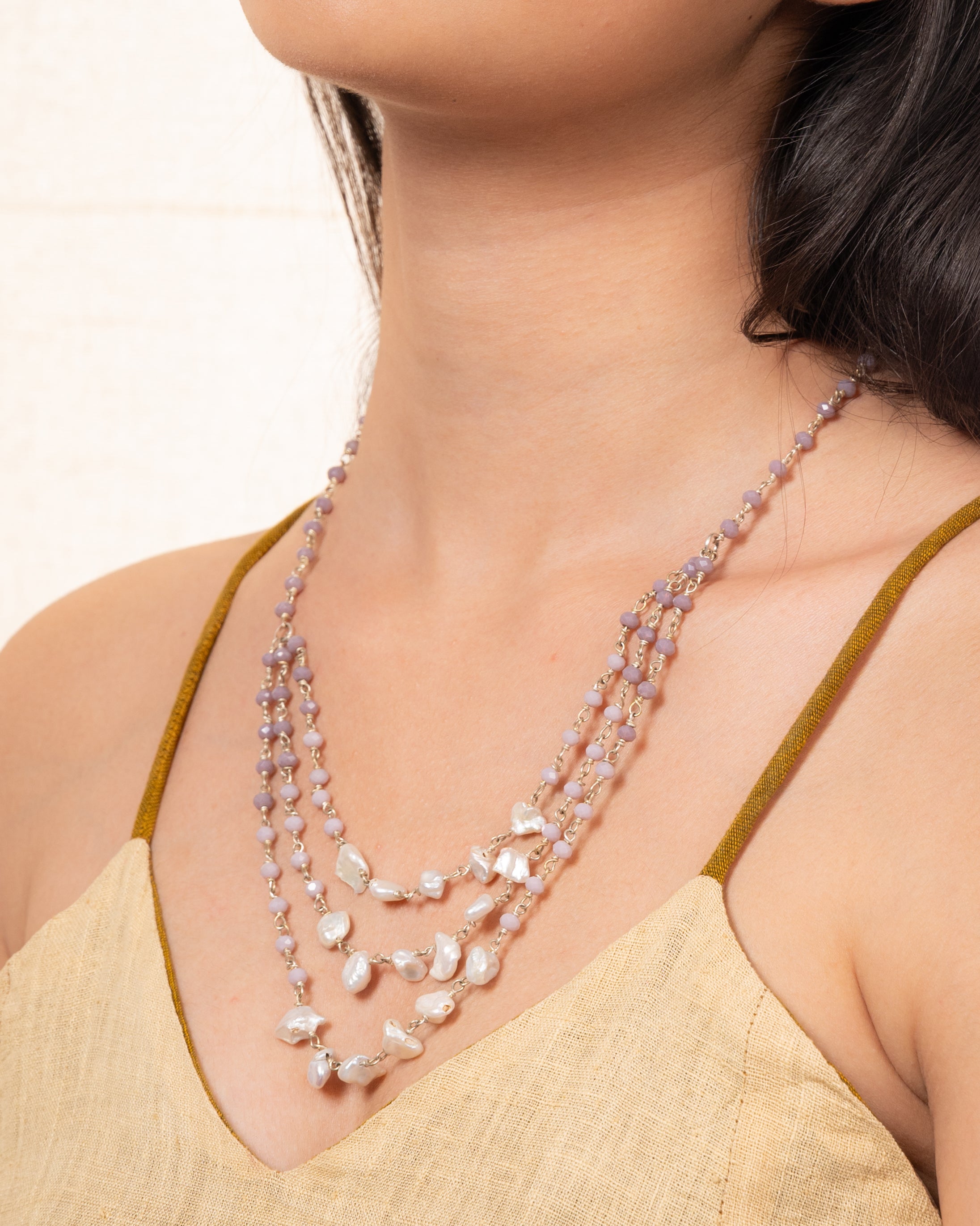 Triple-Layer Natural Uncut Pearl and Baati Bead Necklace