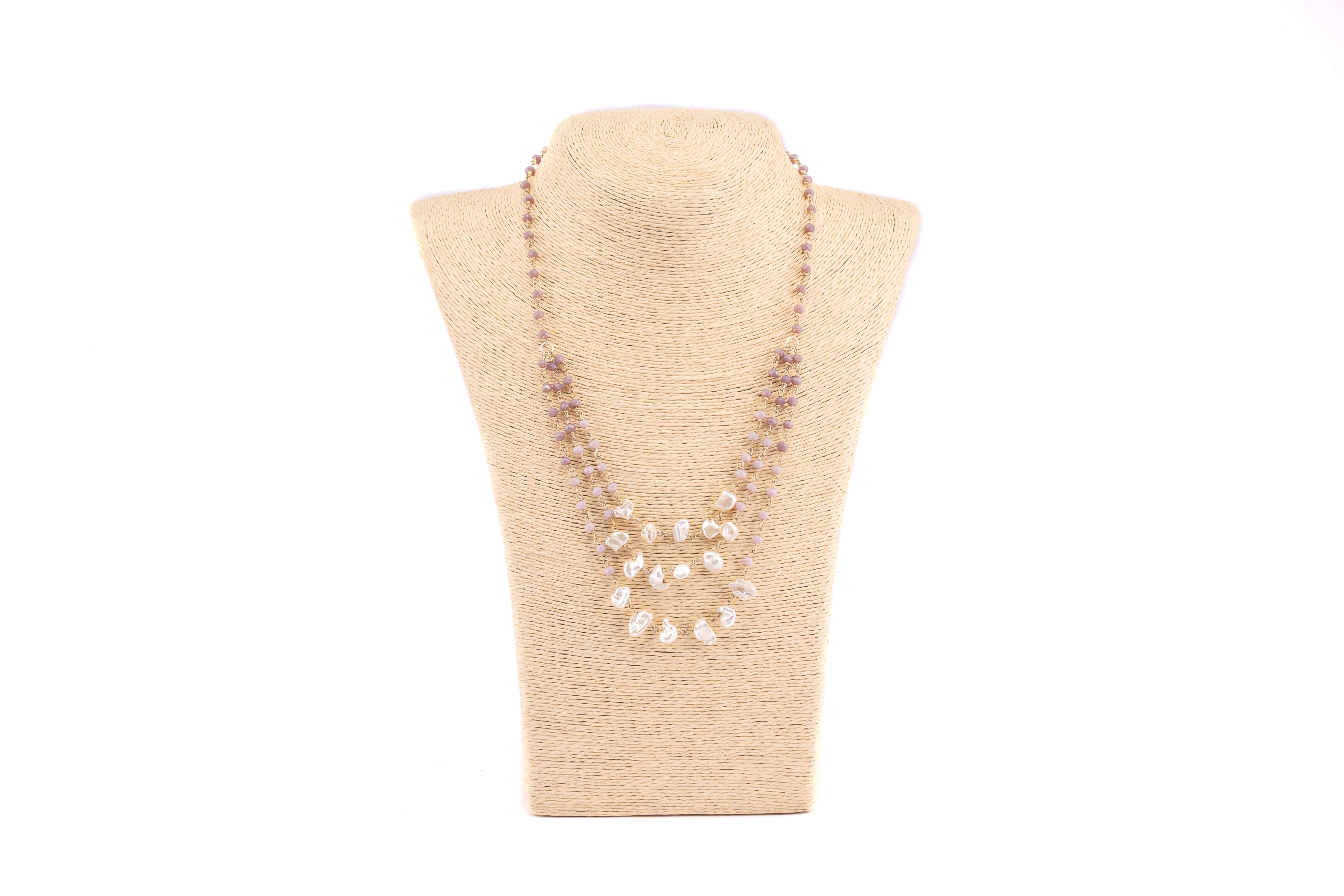 Triple-Layer Natural Uncut Pearl and Baati Bead Necklace