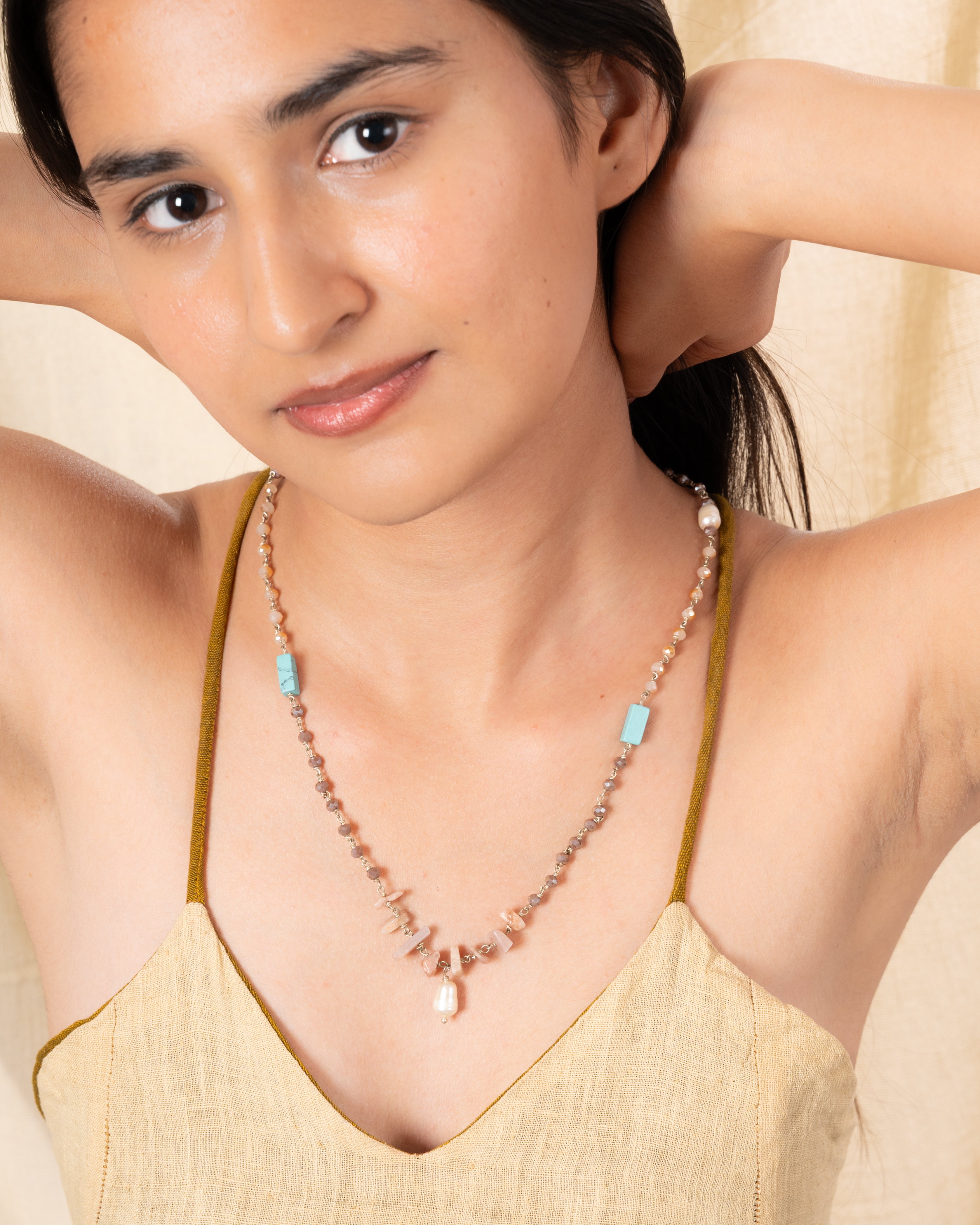Tribal-Inspired Multi-Crystal Necklace with Turquoise Tubes and Pearl