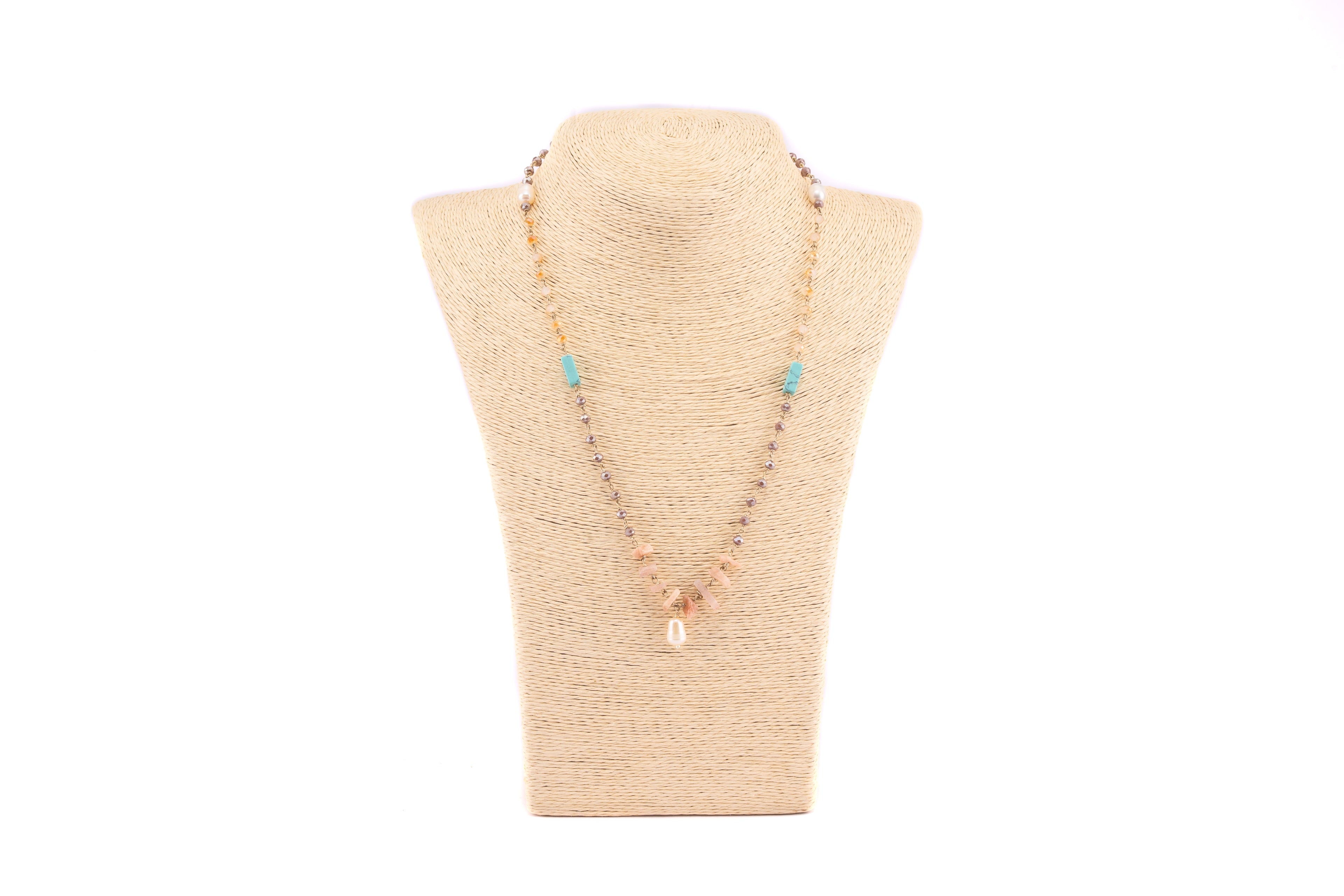 Tribal-Inspired Multi-Crystal Necklace with Turquoise Tubes and Pearl