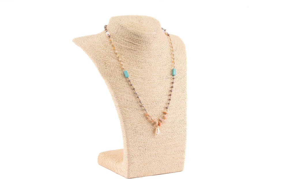 Tribal-Inspired Multi-Crystal Necklace with Turquoise Tubes and Pearl