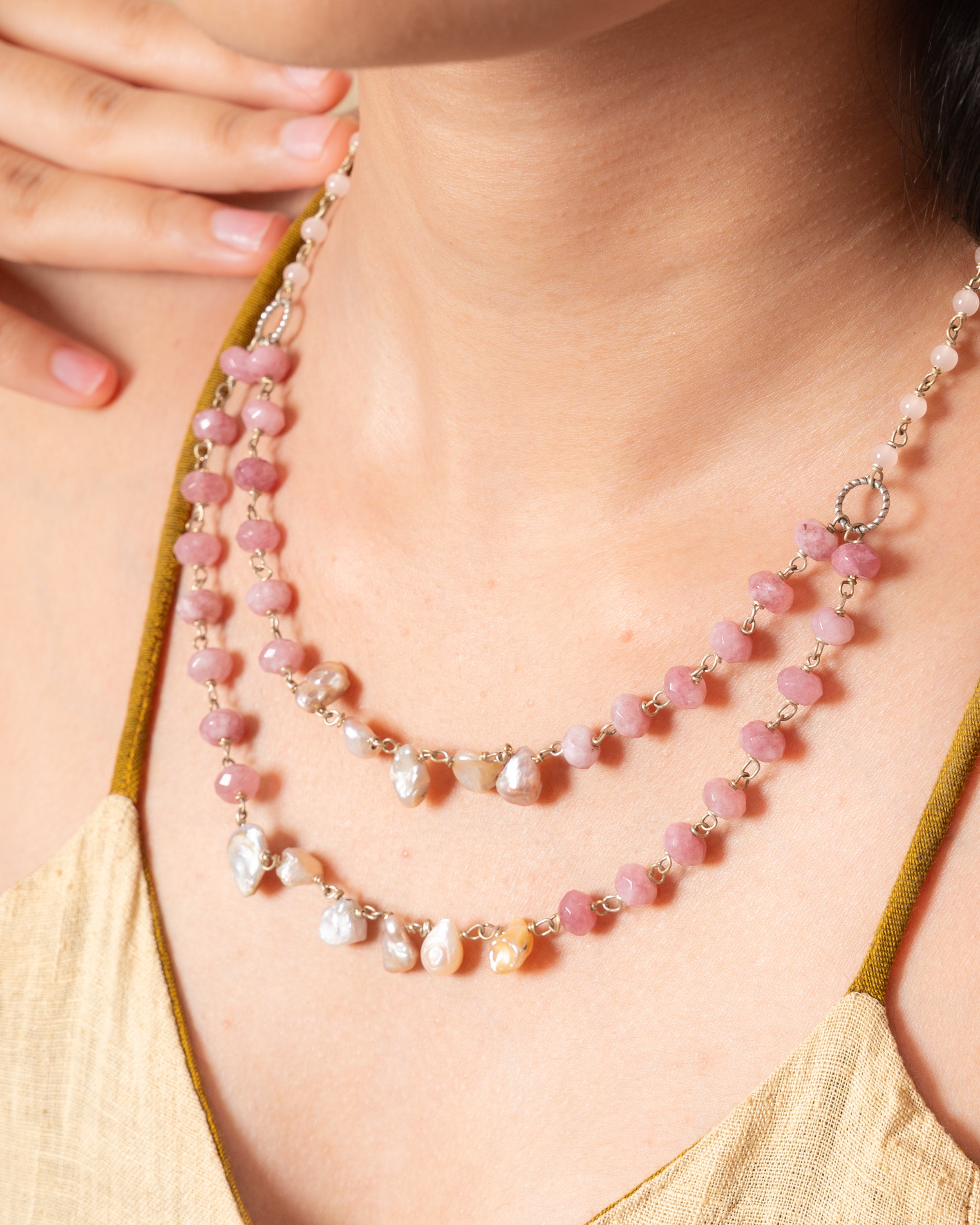 Dual-Layer Uncut Pearl, Pink Baati Bead and Rose Quartz Necklace