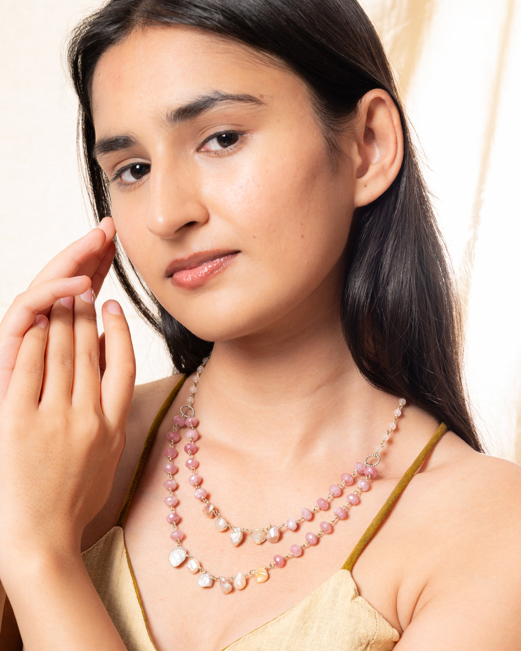 Dual-Layer Uncut Pearl, Pink Baati Bead and Rose Quartz Necklace