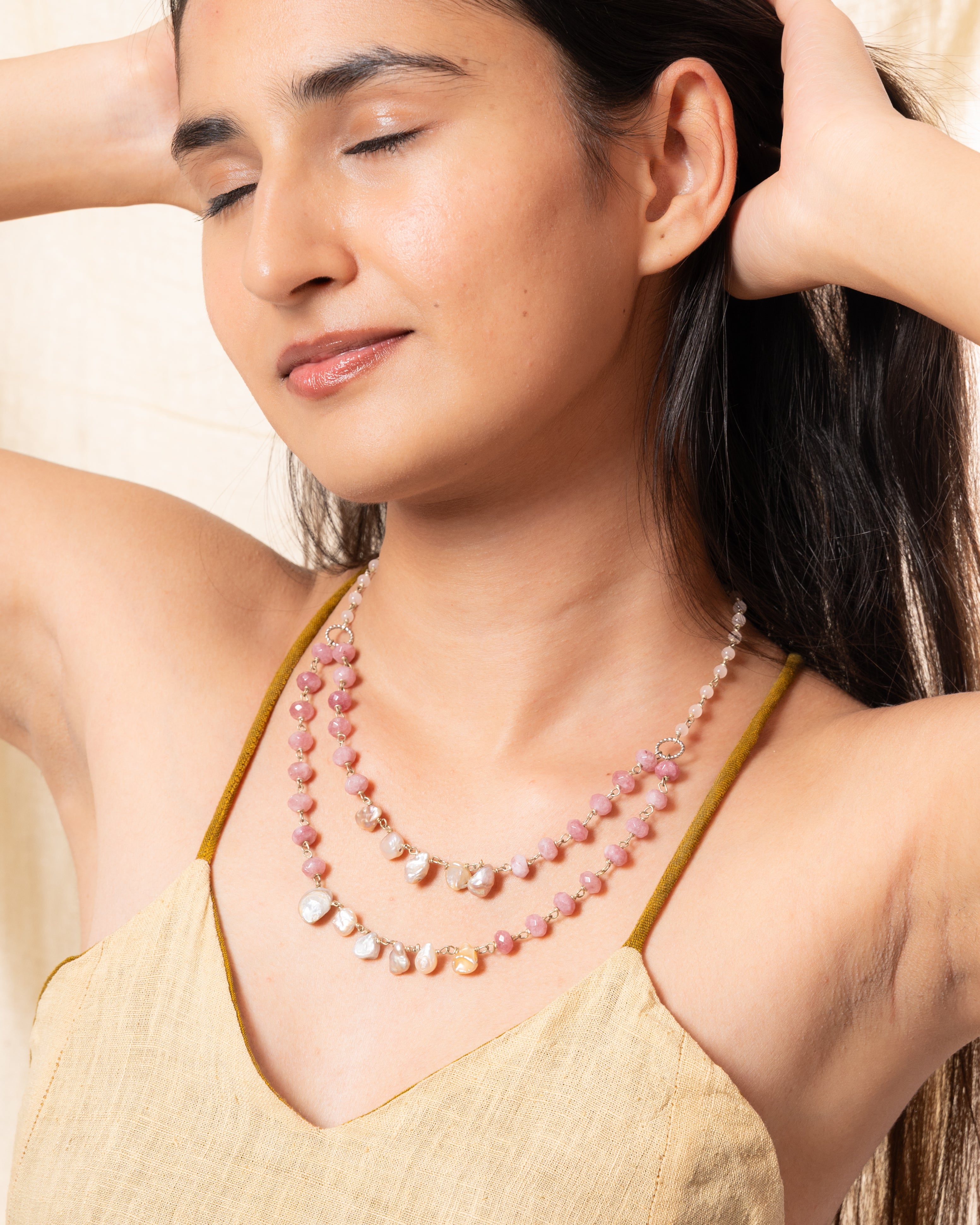 Dual-Layer Uncut Pearl, Pink Baati Bead and Rose Quartz Necklace
